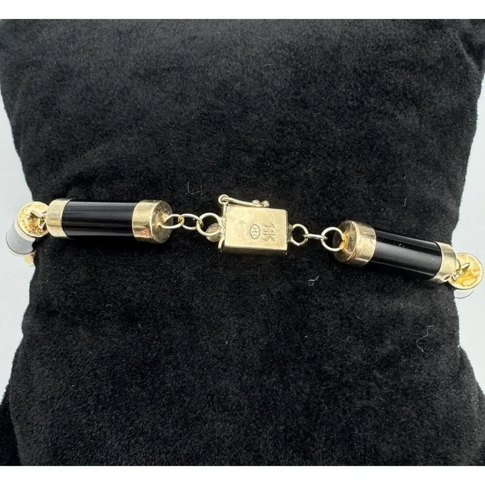 Heng Ngai HN 14k Gold‎ Onyx Cylinder Link Box Clasp Bracelet Estate Jewelry